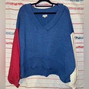 POL Women's V-Neck Sweater - Blue, Red, Cream - NWOT